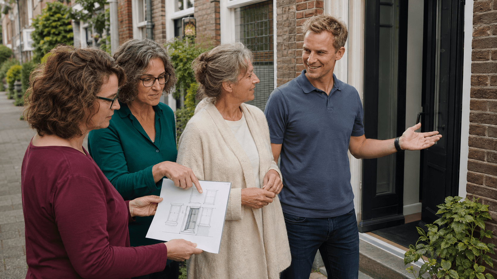 Sfeerimpressie: samen met een bewoner de ingang van een woning bespreken